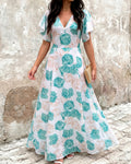 Women's Floral Print Deep V Neck Maxi Dress Flutter Sleeve High Waist Vacation Dress