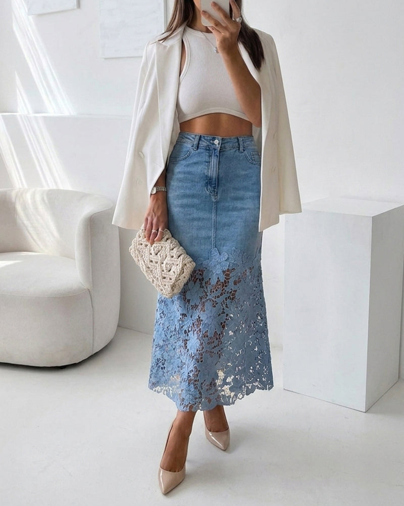 Womens Guipure Lace Spliced Denim Skirt French Style