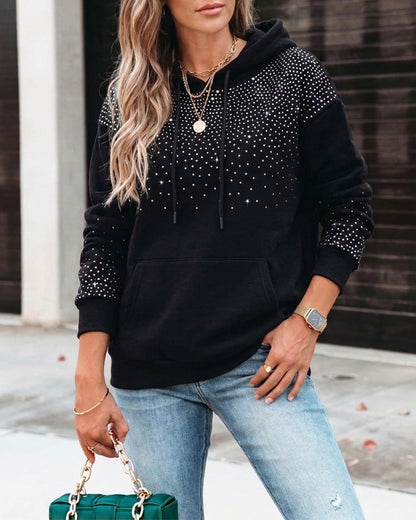 Women's Rhinestone Drawstring Hooded Sweatshirt Casual Sparkly Loose Fit Pullover