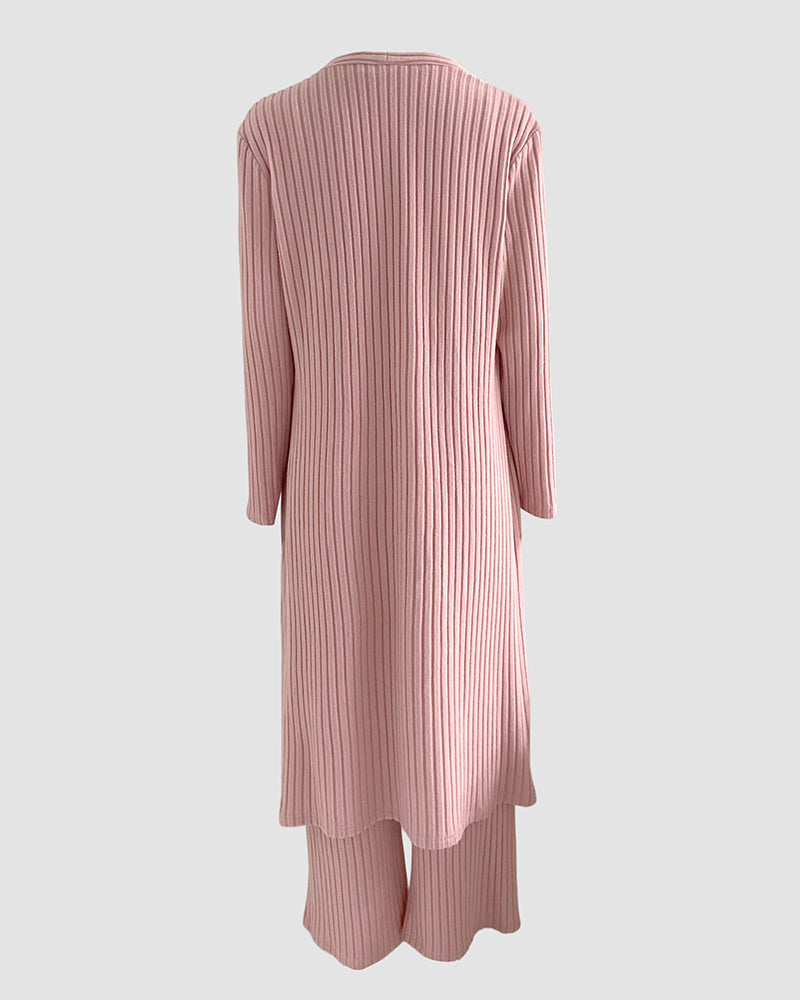 Women's 3 Piece Knit Set Long Cardigan Criss Cross Crop Tank Top and Wide Leg Pants Casual Ribbed Brushed Lounge Set
