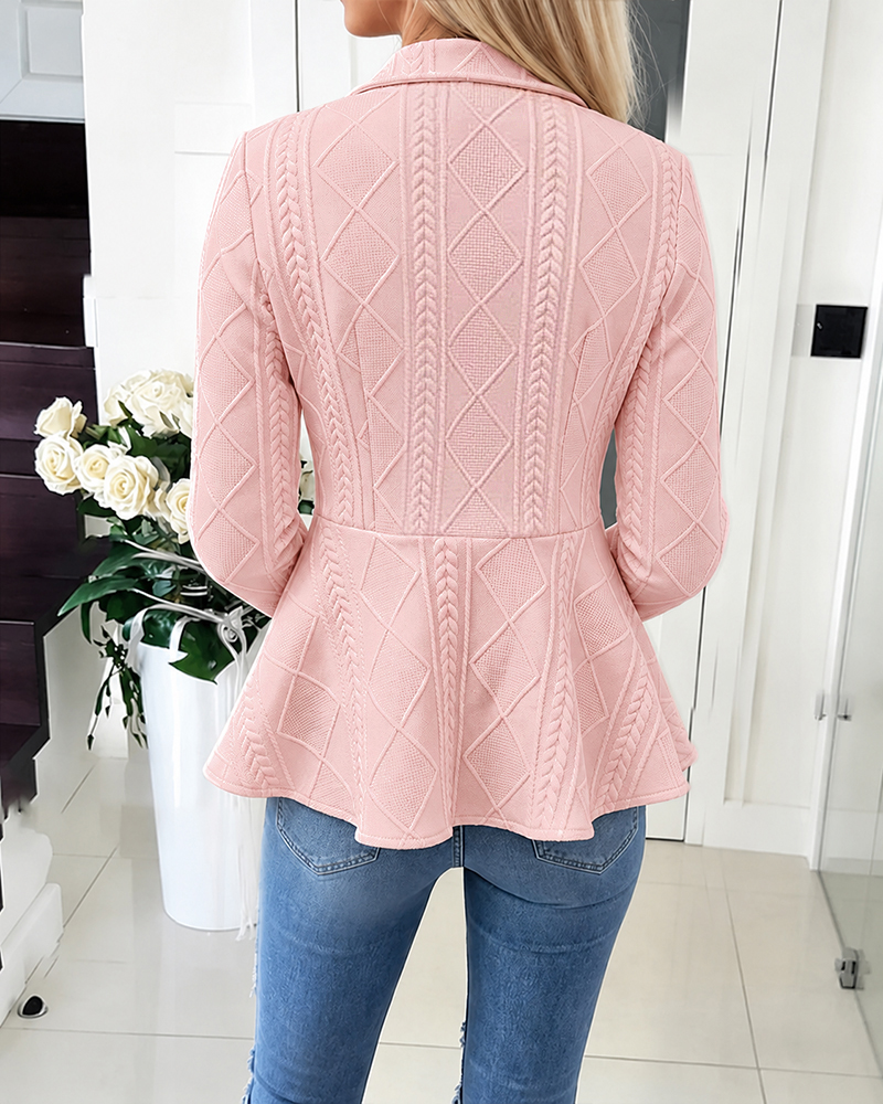 Women's Argyle Cable Knit Jacket Elegant Lapel Collar Gold Button Down Cardigan Ruffle Hem Long Sleeve Coat