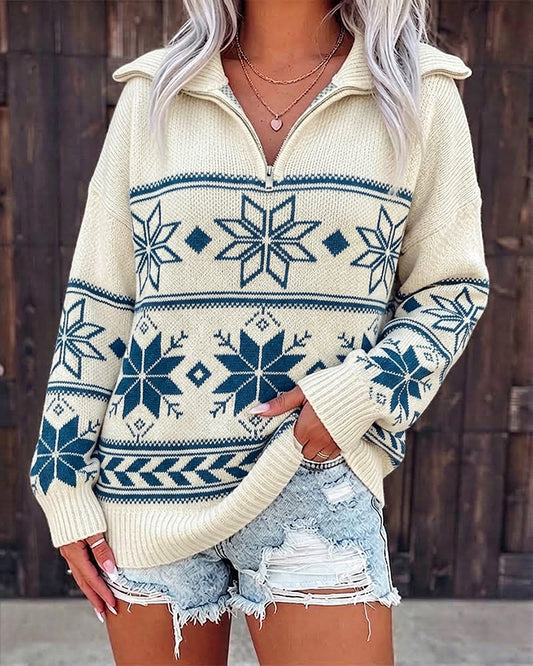 Women's Vintage Fair Isle Half Zip Sweater Casual Drop Shoulder Pullover