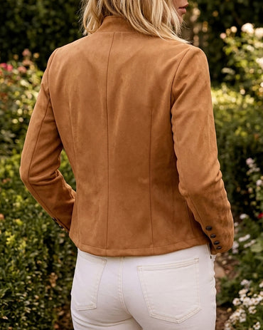 Faux Suede Stand Collar Jacket Open Front Button Decor Casual Coat