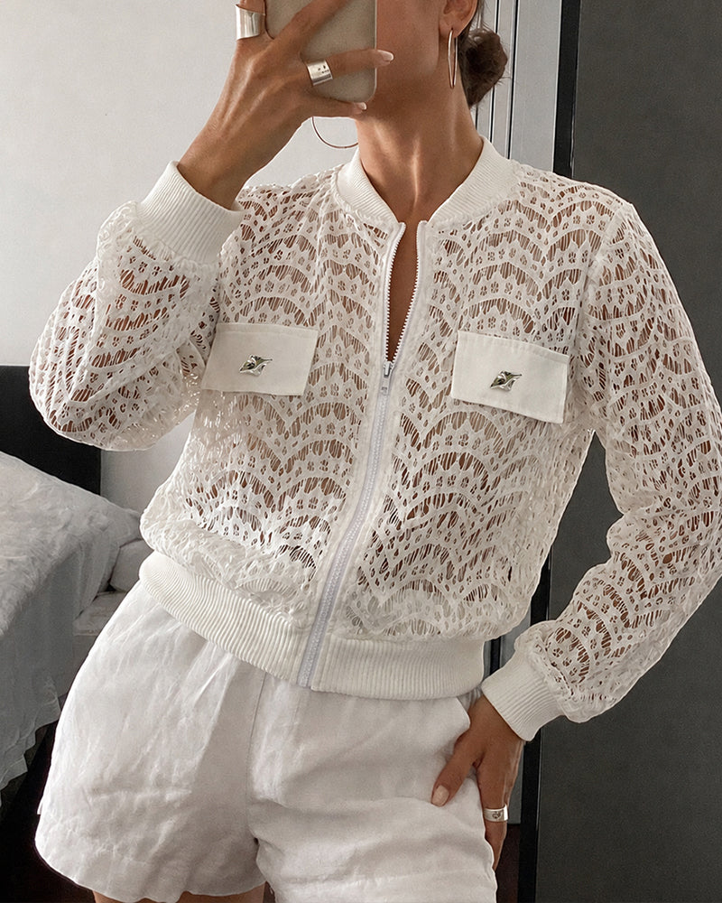 Women's Lace Hollow Out Bomber Jacket Sheer Wave Pattern Lace Zip Up Outerwear Ribbed Trim Coat
