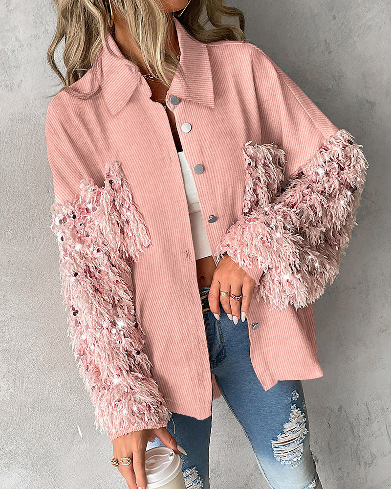 Contrast Sequin Turn-down Collar Long Sleeve Tassel Design Fuzzy Shacket with Pocket