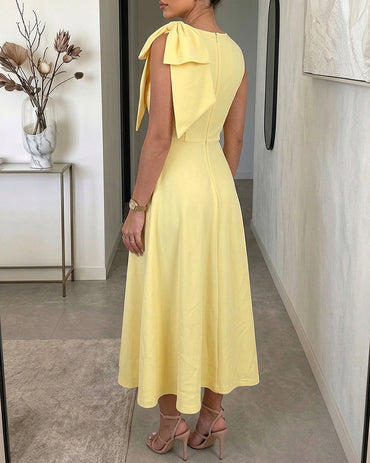 Women's Bowknot A Line Midi Dress Sleeveless Crewneck High Waist Party Dress Elegant Evening Gown
