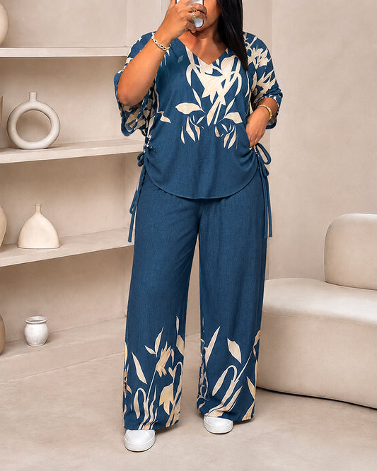 Women's Tropical Plants Print 2 Piece Outfits V Neck Drawstring Ruched Top and Wide Leg Pants Set Casual Loose Loungewear