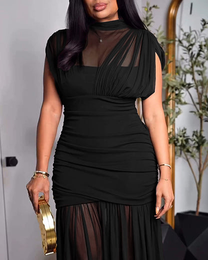 Mock Neck Sleeveless Sheer Mesh Spliced Maxi Dress Elegant Cinched Waist Zipper Side Ruched Evening Dress