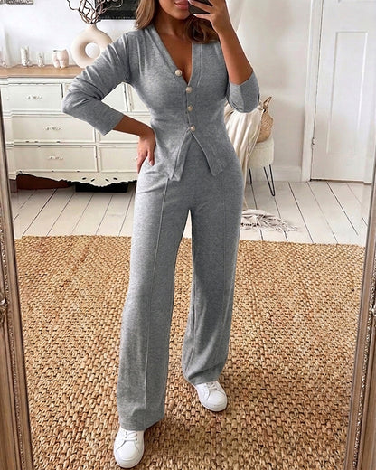 Women's 2 Piece Knit Set V-Neck Button Down Cardigan and High Waisted Wide Leg Pants Casual Loungewear