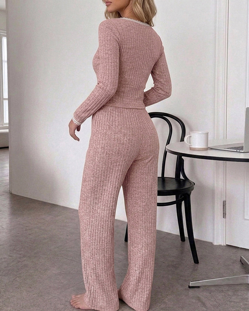 Women's 2 Piece Ribbed Lounge Sets Lace Trim Long Sleeve Top and High Waisted Pants Pajamas Sets with Pockets