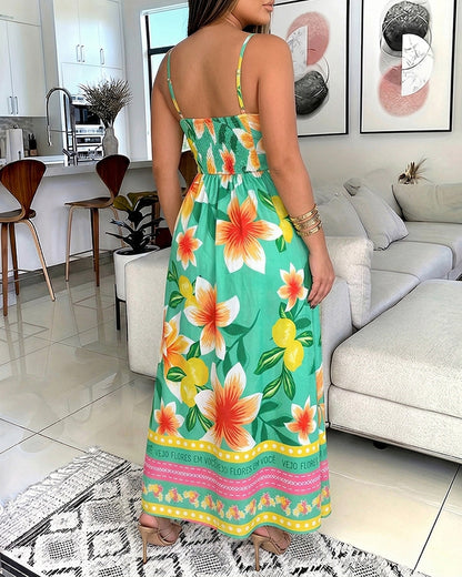 2 Pieces Outfit Adjustable Spaghetti Straps Twist Front Shirred Back High Slit Hem Longline Top and Elastic Waist Tie Front Shorts Set Casual Floral Print Vacation Set