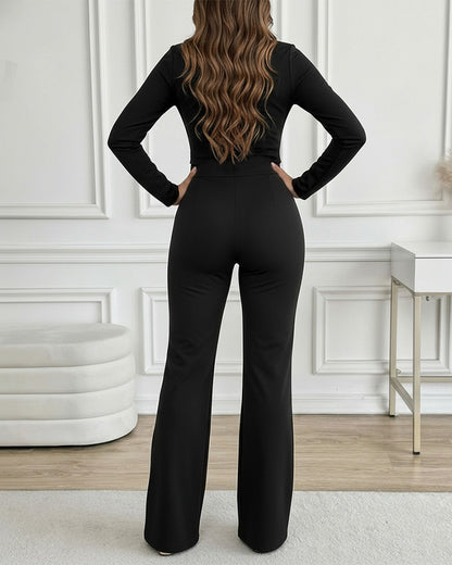 Golden Button Decor Long Sleeve Seam Front Overalls Casual Zipper Back Faux Two-Piece Commuting Jumpsuit