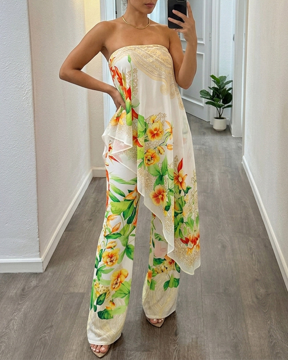 Mono floral tropical sexy para mujer, mono de tubo sin tirantes de cintura alta con efecto de dos piezas y tirantes transparentes desmontables