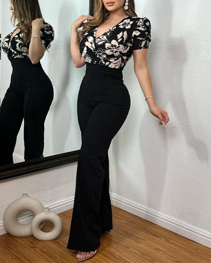 Colorblock Floral Print Spliced Deep V Neck Puff Sleeve Slim Fit Overalls Elegant Ruched Zipper Back Jumpsuit