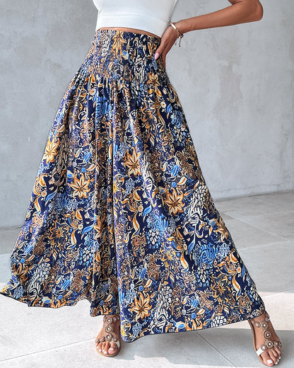 Boho Vintage Floral Print Shirred High Waist Wide Leg Pants
