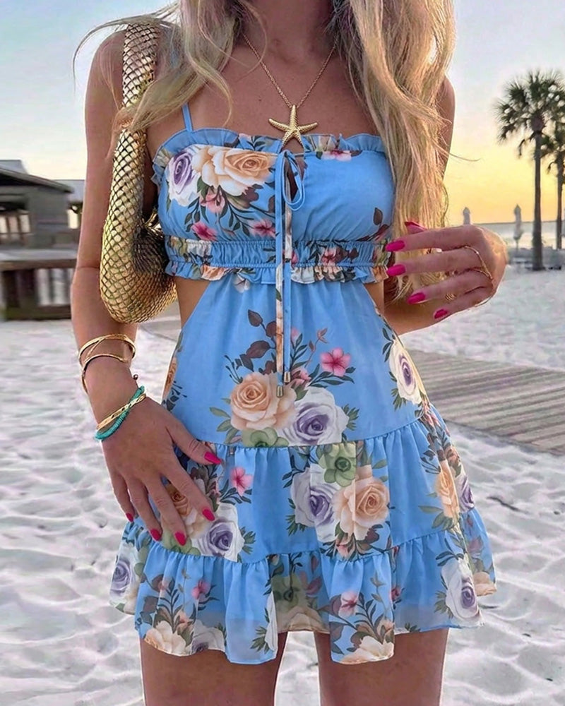 Women's Floral Cutout Mini Cami Dress Adjustable Strap Ruched Tied Shirred Ruffle Hem Vacation Sundress with Built-In Bra