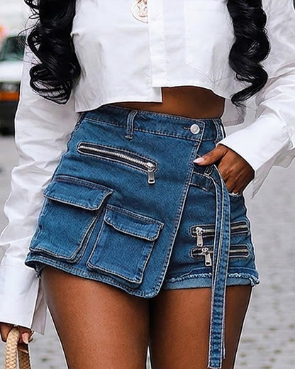 Women's High Waisted Wrap Denim Shorts Cargo Asymmetric Multi Pocket Zipper Buckle Jean Shorts
