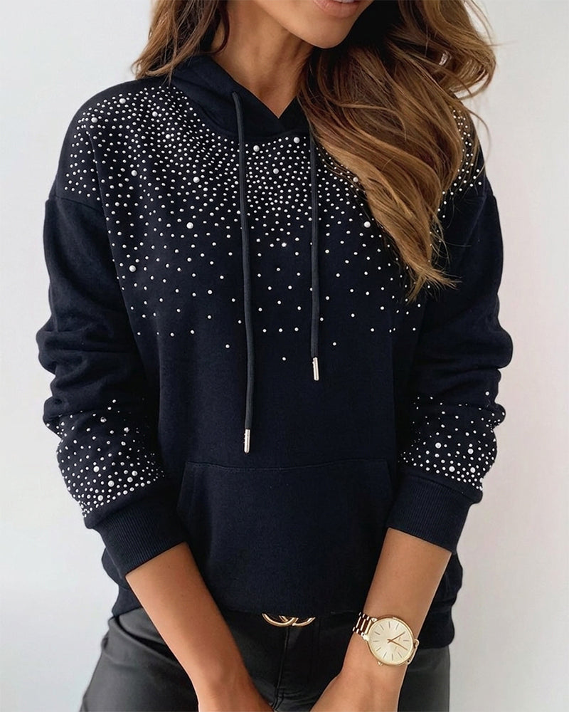 Women's Rhinestone Drawstring Hooded Sweatshirt Casual Sparkly Loose Fit Pullover