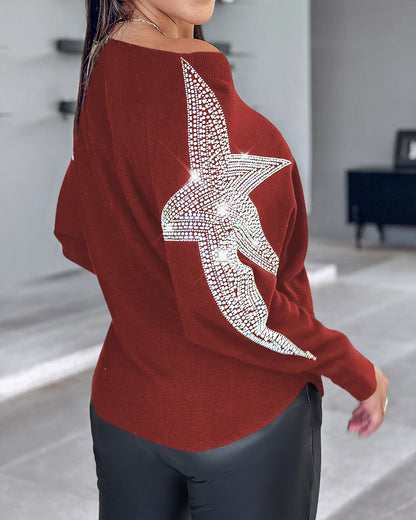 Pullover Knit Sweaters Crewneck Batwing Sleeve Rhinestone Star Pattern Top