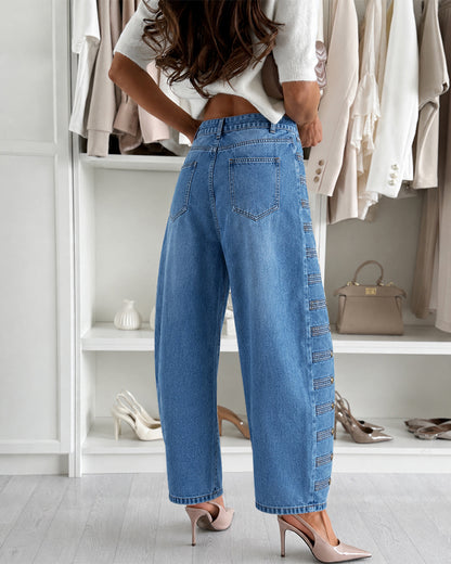 Women's Barrel Jeans High Waisted Side Button Denim Pants Distressed Washed Baggy Trousers Retro Y2K Streetwear