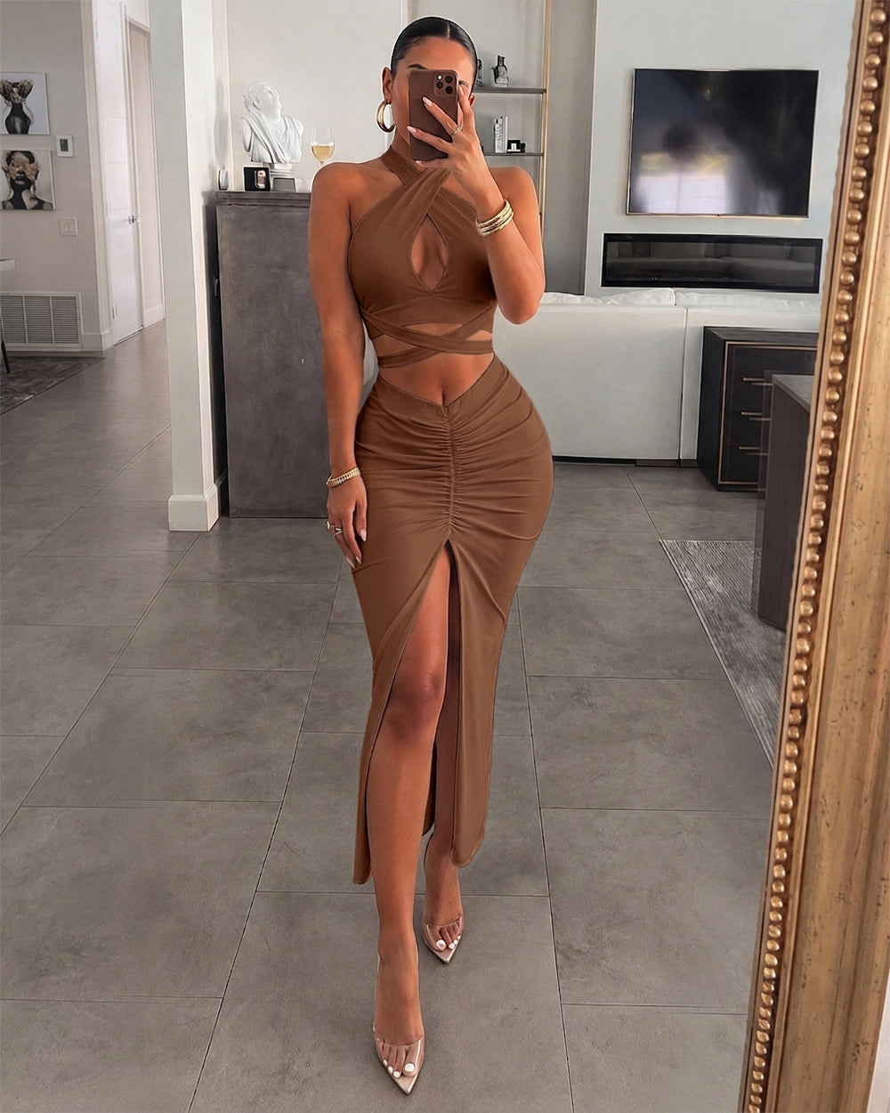 Women's Two Piece Set Criss Cross Halter Backless Crop Top and High Slit Ruched Skirt Sexy Matching Set