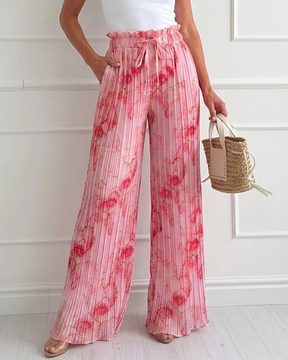 Women's Tie Dye Print Pleated Wide Leg Pants High Waisted Flowy Palazzo Pants Drawstring Lounge Pants with Pockets