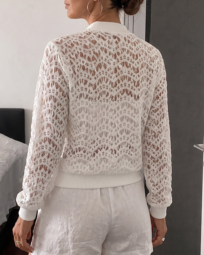 Women's Lace Hollow Out Bomber Jacket Sheer Wave Pattern Lace Zip Up Outerwear Ribbed Trim Coat