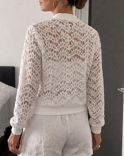 Women's Lace Hollow Out Bomber Jacket Sheer Wave Pattern Lace Zip Up Outerwear Ribbed Trim Coat