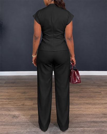 Women's 2 Piece Outfits V Neck Twist Front Slit Top and High Waisted Straight Leg Pants Set Commute Business Casual Suit