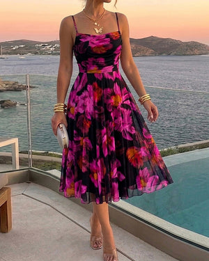 Vestido midi de tirantes finos para mujer con estampado floral, fruncido, malla, corte evasé y diseño elegante para fiestas