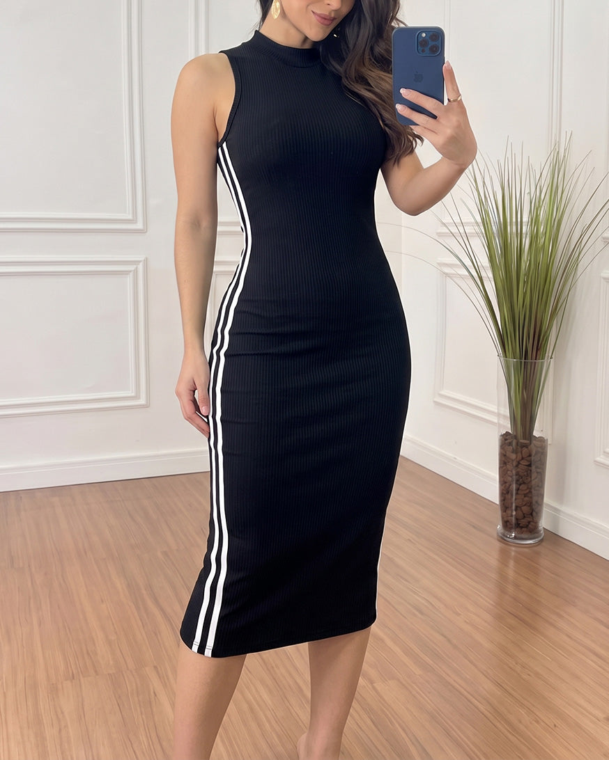 Women's Ribbed Knit Halter Midi Dress Backless Racerback Bodycon Dress Side Contrast Stripe Sleeveless Dress