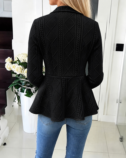 Women's Argyle Cable Knit Jacket Elegant Lapel Collar Gold Button Down Cardigan Ruffle Hem Long Sleeve Coat