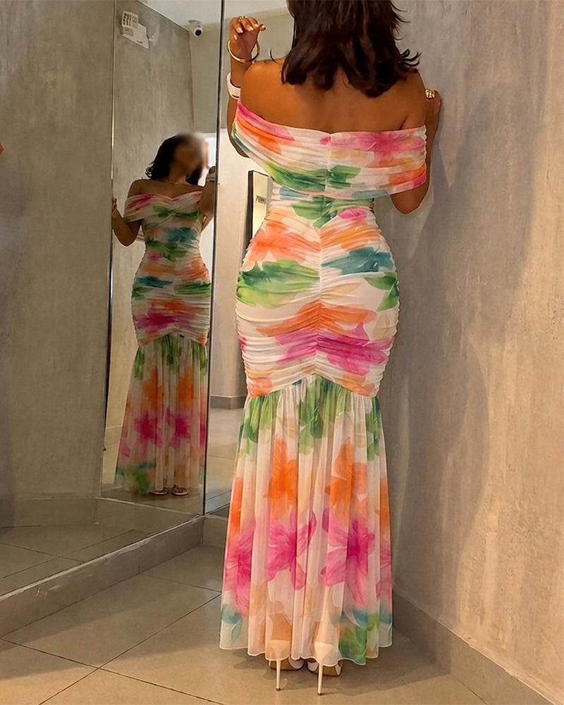 Women's Foldover Off-Shoulder Floral Mermaid Dress Mesh Ruched Maxi Gown with Detachable Clear Straps