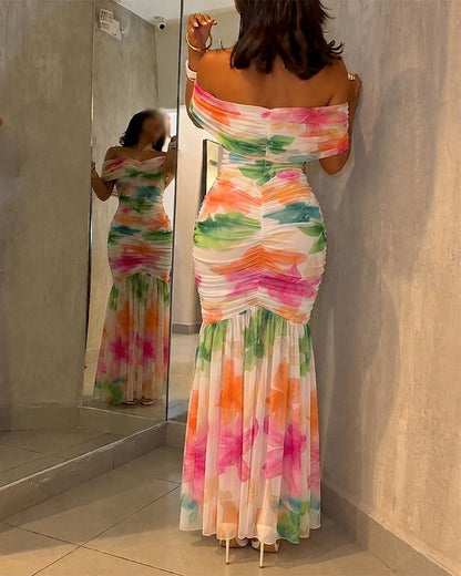 Women's Foldover Off-Shoulder Floral Mermaid Dress Mesh Ruched Maxi Gown with Detachable Clear Straps