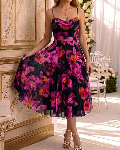 Vintage Oil Painting Floral Print Cowl Neck Adjustable Spaghetti Straps A Line Dress Elegant Cinched Waist Zipper Back Party Dress