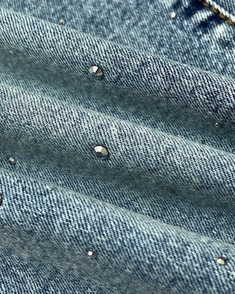 Allover Rhinestone Decor High Waist Zipper Fly Jeans Casual Flared Denim Pants with Rhinestone Decor Belt