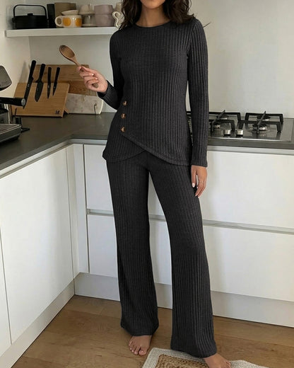Women's Brushed Ribbed Knit 2 Piece Set Button Long Sleeve Top and Wide Leg Pants with Pockets Casual Loungewear
