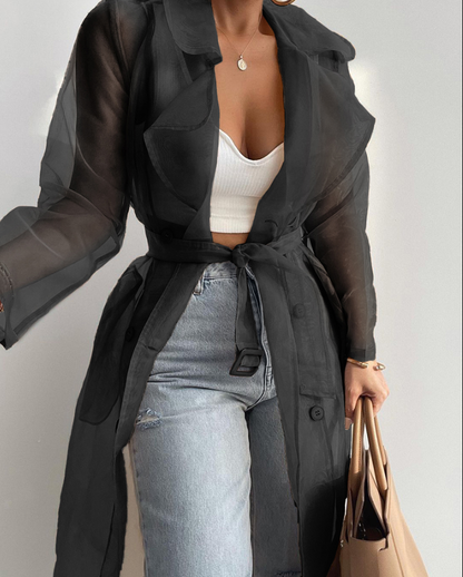 Notched Collar Long Sleeve Double Breasted Sheer Mesh Jacket Casual Longline Trench Coat with Belt