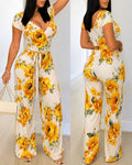 Women's Floral Print Jumpsuit Sexy Cross V Neck Backless Short Sleeve Ruched High Waist Overalls with Belt