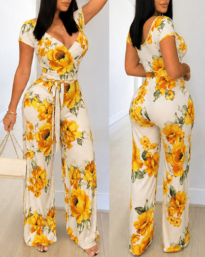Women's Floral Print Jumpsuit Sexy Cross V Neck Backless Short Sleeve Ruched High Waist Overalls with Belt
