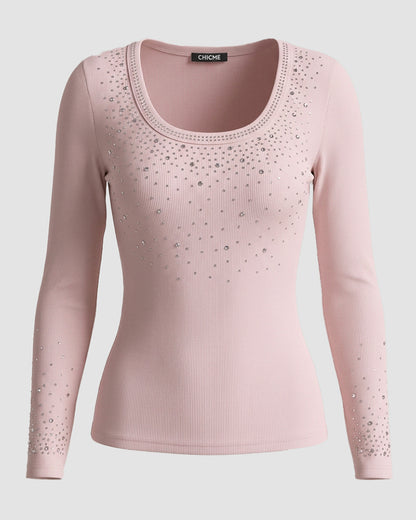 Women's Rhinestone Embellished Ribbed Long Sleeve Layering Top Slim Fit U-Neck Knit Tee Elegant Stretchy Pullover
