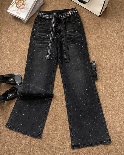 Allover Rhinestone Decor High Waist Zipper Fly Jeans Casual Flared Denim Pants with Rhinestone Decor Belt