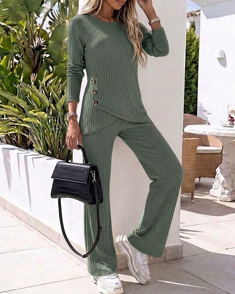 Women's Brushed Ribbed Knit 2 Piece Set Button Long Sleeve Top and Wide Leg Pants with Pockets Casual Loungewear