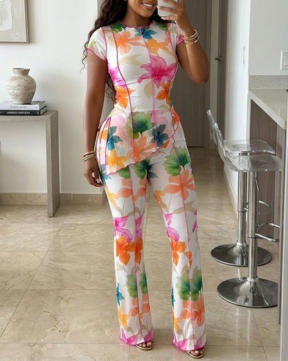 Women's 2 Piece Floral Mesh Set Asymmetric Slit Top and High Waist Flare Pants Set Lettuce Hem Sheer Party Clubwear