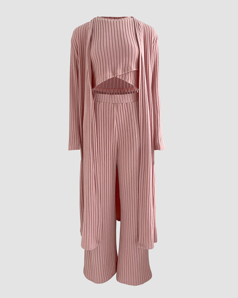 Women's 3 Piece Knit Set Long Cardigan Criss Cross Crop Tank Top and Wide Leg Pants Casual Ribbed Brushed Lounge Set