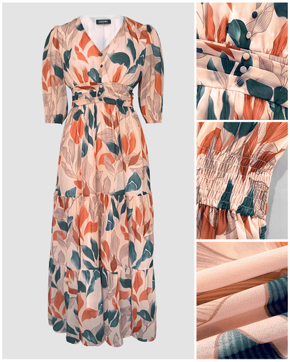 Plants Print V-Neck Half Sleeve Shirred Back Maxi Dress Casual Button Decor Ruched Ruffle Hem Vacation Dress