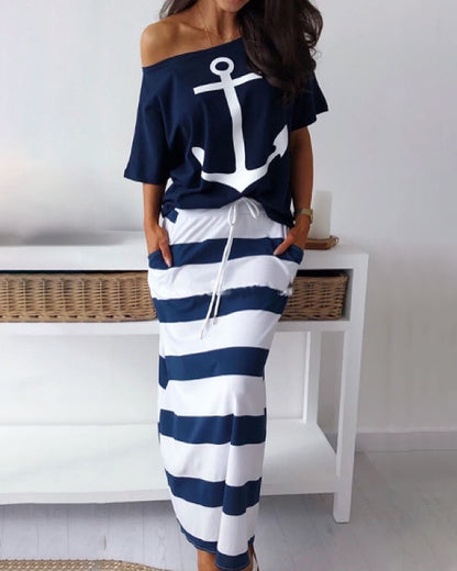 2 Pieces Outfit Anchor Print Skew Neck Top and Casual Striped Drawstring Elastic Waist Skirt Set