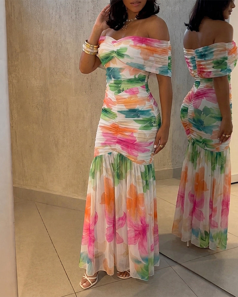 Women's Foldover Off-Shoulder Floral Mermaid Dress Mesh Ruched Maxi Gown with Detachable Clear Straps