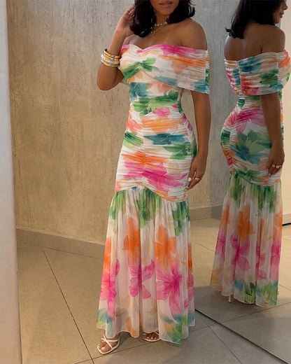 Women's Foldover Off-Shoulder Floral Mermaid Dress Mesh Ruched Maxi Gown with Detachable Clear Straps