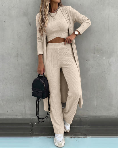 Women's 3 Piece Knit Set Long Cardigan Criss Cross Crop Tank Top and Wide Leg Pants Casual Ribbed Brushed Lounge Set